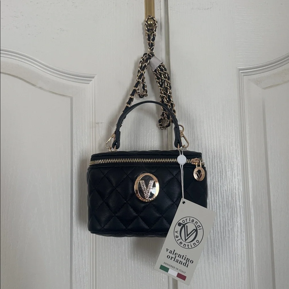 VALENTINO ORLANDI Black Quilted Vegan Cosmetic Case Crossbody Purse NWT $330 - Picture 2 of 11